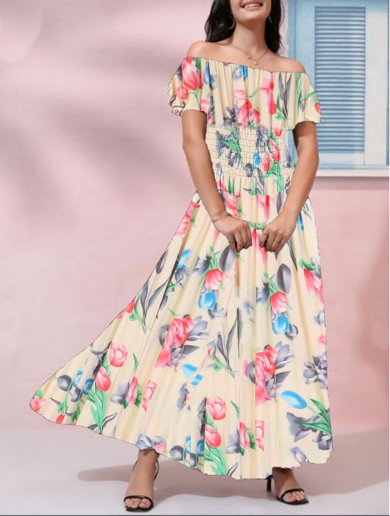 Off-The-Shoulder Floral Print Midi Dress